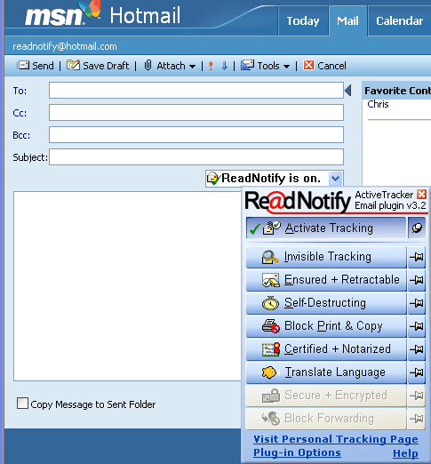 Hotmail Screen shot of the ReadNotify Plugin